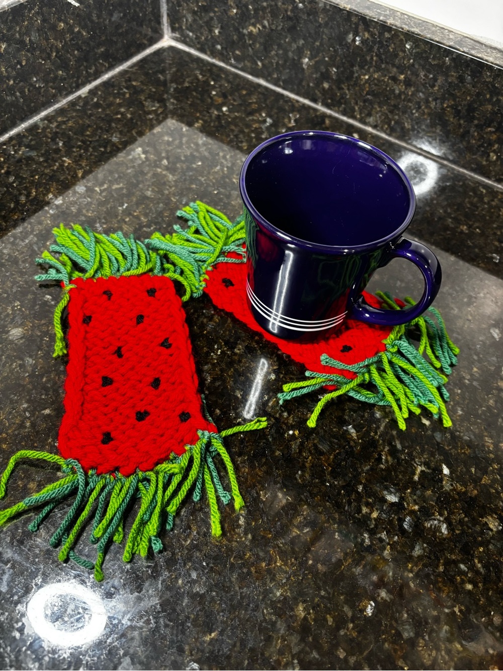 NWOT Two Knitted Watermelon Mug Rug Coasters